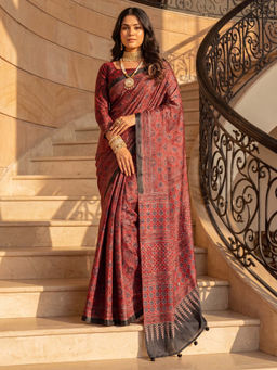 Akhilam - Women's Crepe Maroon Digital Print Party Wear Saree With Unstitched Blouse