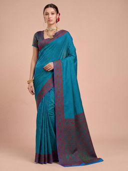 Akhilam - Women's Silk Blend Teal Woven Design Banarasi Saree With Unstitched Blouse