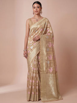 Akhilam - Women's Silk Blend Beige Design Saree With Unstitched Blouse