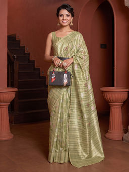 Akhilam - Women's Silk Blend Light Green Design Saree With Unstitched Blouse