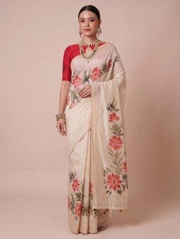 Akhilam - Women's Tussar Silk Cream Printed Party Wear Saree with Unstitched Blouse
