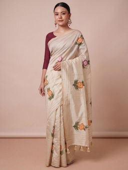 Akhilam - Women's Tussar Silk Cream Printed Party Wear Saree with Unstitched Blouse