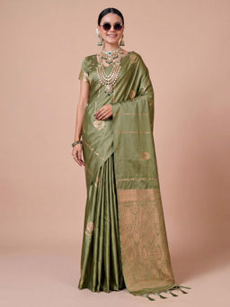 Akhilam - Satin Silk Olive Woven Design Handloom Banarasi Saree with Unstitched Blouse