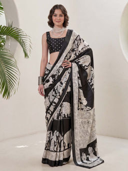 Akhilam - Women's Crepe Black Printed Party Wear Saree With Unstitched Blouse