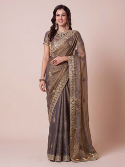 Akhilam - Satin Silk Metallic Zari Embroidered Party Wear Saree with Unstitched Blouse