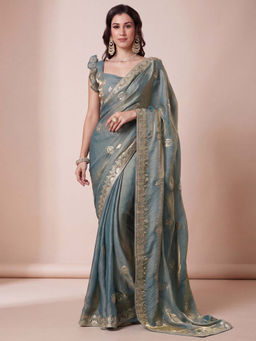 Akhilam - Women's Satin Silk Teal Zari Embroidered Party Wear Saree with Unstitched Blouse