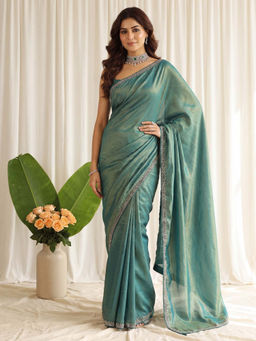 Akhilam - Women's Satin Silk Teal Embellished Party Wear Saree with Unstitched Blouse