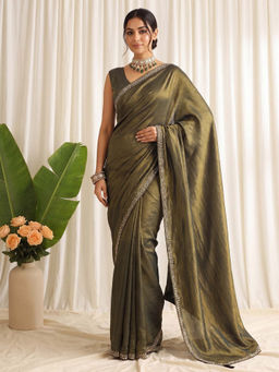 Akhilam - Women's Satin Silk Green Embellished Party Wear Saree with Unstitched Blouse
