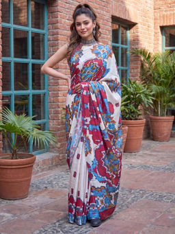 Akhilam - Women's Pure Crepe White Digital Print PartyWear Saree With Unstitched Blouse