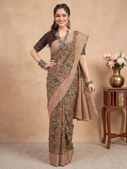 Akhilam - Women's Silk Blend Beige Printed Tussar Saree With Unstitched Blouse