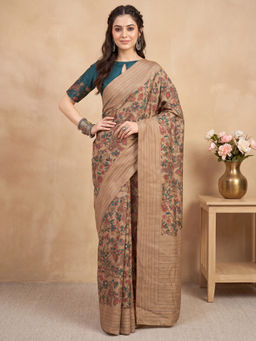 Akhilam - Women's Silk Blend Beige Printed Tussar Saree With Unstitched Blouse