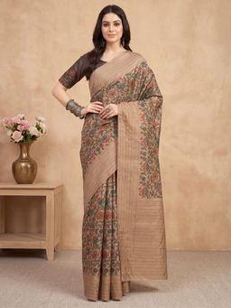 Akhilam - Women's Silk Blend Beige Printed Tussar Saree With Unstitched Blouse
