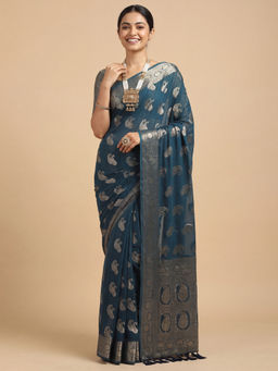 Akhilam - Women's Georgette Teal Design Banarasi Saree With Unstitched Blouse