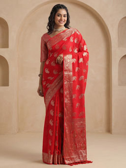 Akhilam - Women's Georgette Red Design Banarasi Saree With Unstitched Blouse