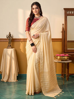 Akhilam - Women's Mysore Silk Cream Woven Design Mysore Silk Saree with Unstitched Blouse