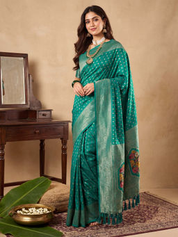 Akhilam - Women's Dola Silk Teal Woven Design Banarasi Saree with Unstitched Blouse