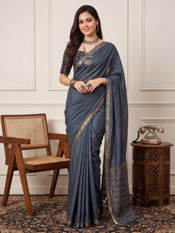 Akhilam - Mysore Silk Charcoal Woven Design Saree with Unstitched Blouse
