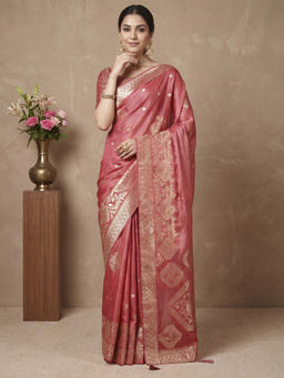 Akhilam - Women's Satin Peach Woven Design Banarasi Saree With Unstitched Blouse