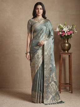 Akhilam - Women's Satin Light Green Woven Design Banarasi Saree With Unstitched Blouse