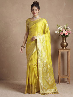 Akhilam - Women's Satin Lemon Yellow Woven Design Banarasi Saree With Unstitched Blouse