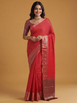 Akhilam - Women's Chiffon Red Design Banarasi Saree With Unstitched Blouse