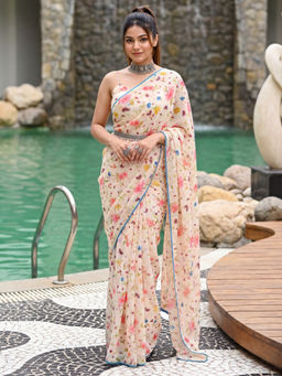 Akhilam - Women's Georgette Off White Printed Party Wear Saree with Unstitched Blouse