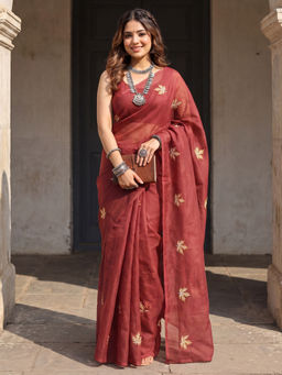 Akhilam - Kota Doria Cotton Maroon Embroidered Party Wear Saree with Unstitched Blouse