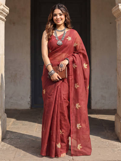 Kota Doria Cotton Maroon Embroidered Party Wear Saree with Unstitched Blouse