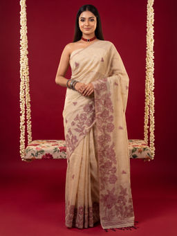 Akhilam - Women's Chanderi Cotton Cream Saree With Unstitched Blouse