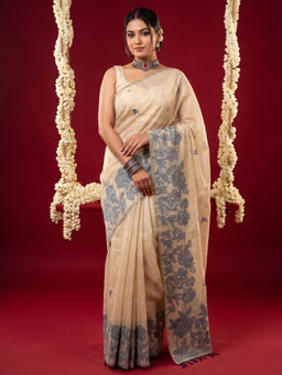 Akhilam - Women's Chanderi Cotton Cream Saree With Unstitched Blouse