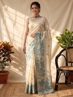 Akhilam - Women's Chanderi Cotton Cream Saree With Unstitched Blouse