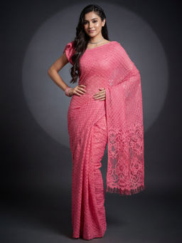 Akhilam - Women's Brasso Pink Embellished Party Wear Saree with Unstitched Blouse