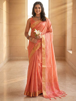 Akhilam - Women's Cotton Silk Peach Embellished Party Wear Saree with Unstitched Blouse