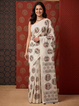 Akhilam - Women's Linen Off White Printed Party Wear Saree With Unstitched Blouse