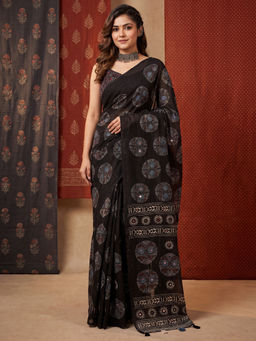 Akhilam - Women's Linen Black Printed Party Wear Saree With Unstitched Blouse