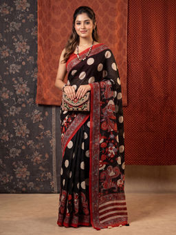 Akhilam - Women's Linen Black Printed Party Wear Saree With Unstitched Blouse