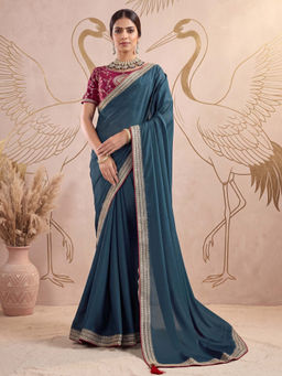Akhilam - Women's Georgette Teal Embellished Party Wear Saree with Unstitched Blouse