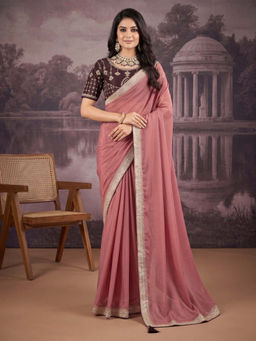 Akhilam - Women's Georgette Peach Embellished Party Wear Saree with Unstitched Blouse