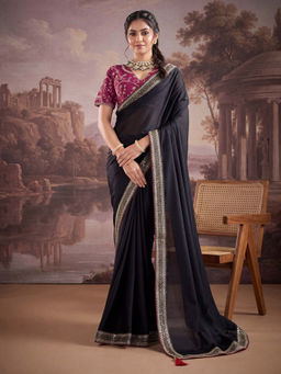 Akhilam - Women's Georgette Black Embellished Party Wear Saree with Unstitched Blouse