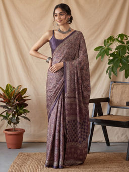 Akhilam - Women's Pure Crepe Lavender Printed Block Print Saree with Unstitched Blouse