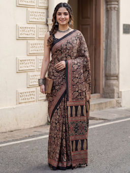 Akhilam - Women's Pure Crepe Black Printed Block Print Saree with Unstitched Blouse