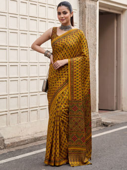 Akhilam - Women's Pure Crepe Mustard Printed Block Print Saree with Unstitched Blouse