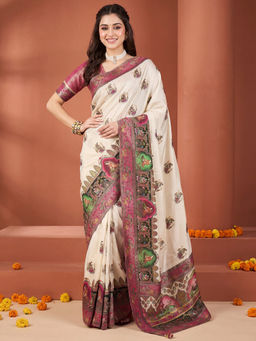 Akhilam - Women's Viscose Silk Cream Design Banarasi Saree With Unstitched Blouse