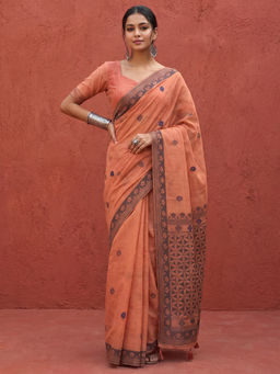 Akhilam - Women's Linen Peach Woven Design Khadi Saree With Unstitched Blouse