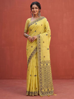Akhilam - Women's Linen Yellow Woven Design Khadi Saree With Unstitched Blouse