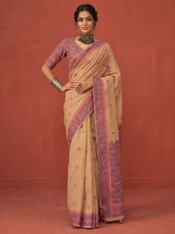 Akhilam - Women's Linen Beige Woven Design Khadi Saree With Unstitched Blouse
