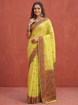 Akhilam - Women's Linen Lemon Yellow Woven Design Khadi Saree With Unstitched Blouse