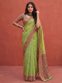 Akhilam - Women's Linen Light Green Woven Design Khadi Saree With Unstitched Blouse