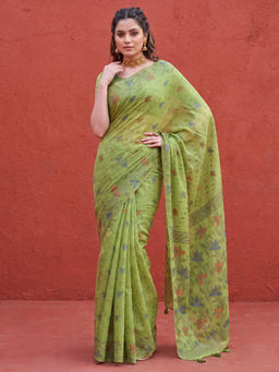 Akhilam - Women's Linen Green Woven Design Khadi Saree With Unstitched Blouse