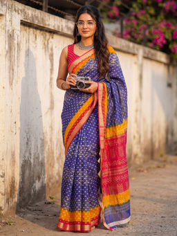 Akhilam - Women's Cotton Blue Printed Bandhani Saree with Unstitched Blouse